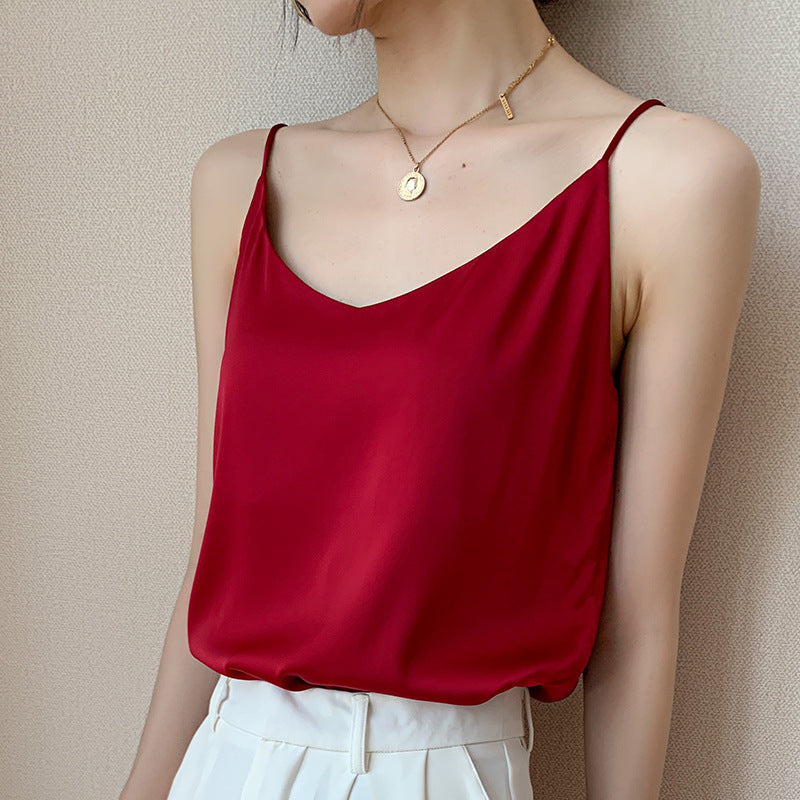 Womens V-neck Satin Camisole with Adjustable Straps