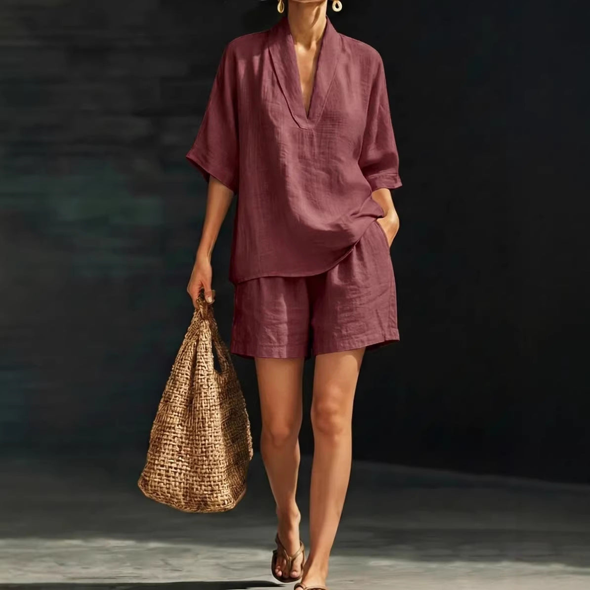 Womens V-Neck Short Sleeve Wide-Leg Pants Suit