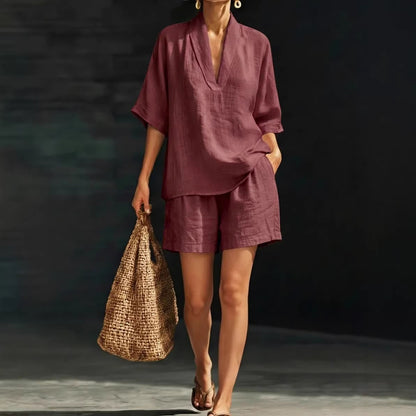 Womens V-Neck Short Sleeve Wide-Leg Pants Suit