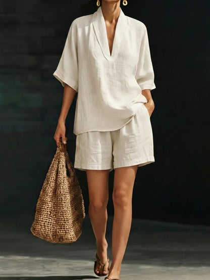 Womens V-Neck Short Sleeve Wide-Leg Pants Suit