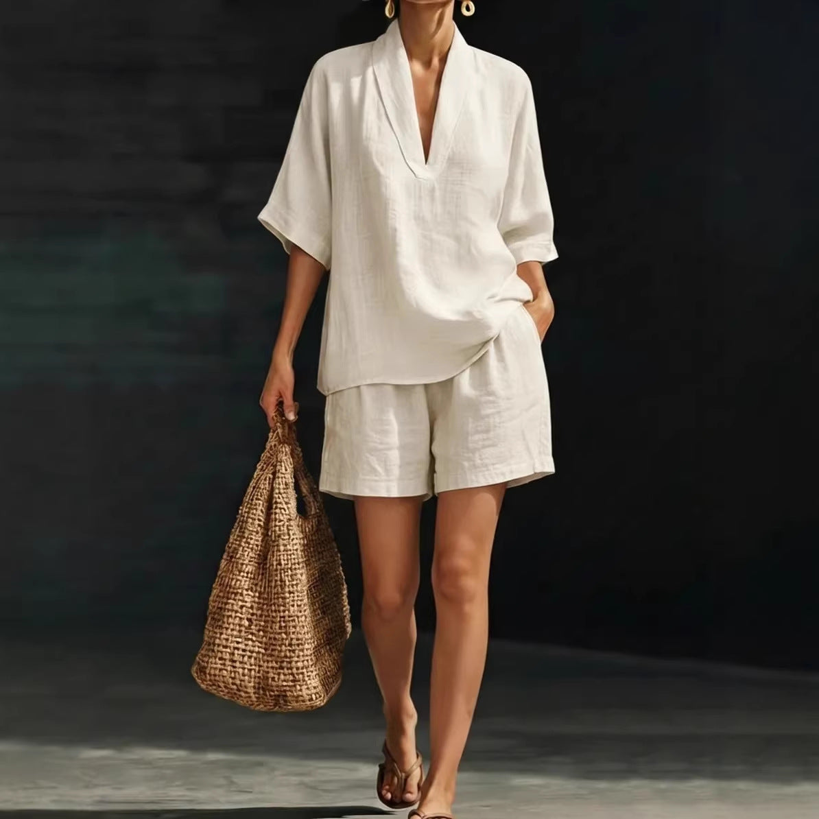 Womens V-Neck Short Sleeve Wide-Leg Pants Suit