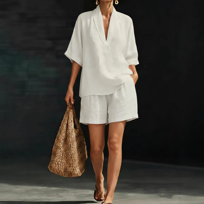 Womens V-Neck Short Sleeve Wide-Leg Pants Suit