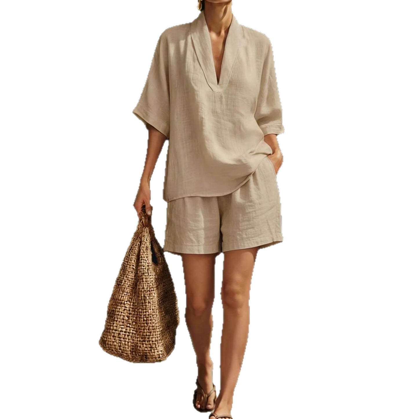 Womens V-Neck Short Sleeve Wide-Leg Pants Suit