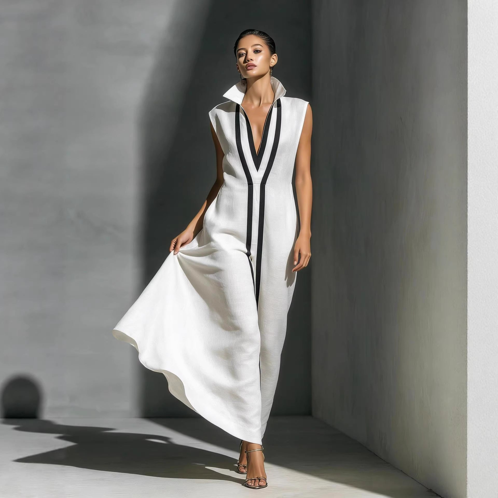 Womens V-Neck Sleeveless Cotton Linen Dress
