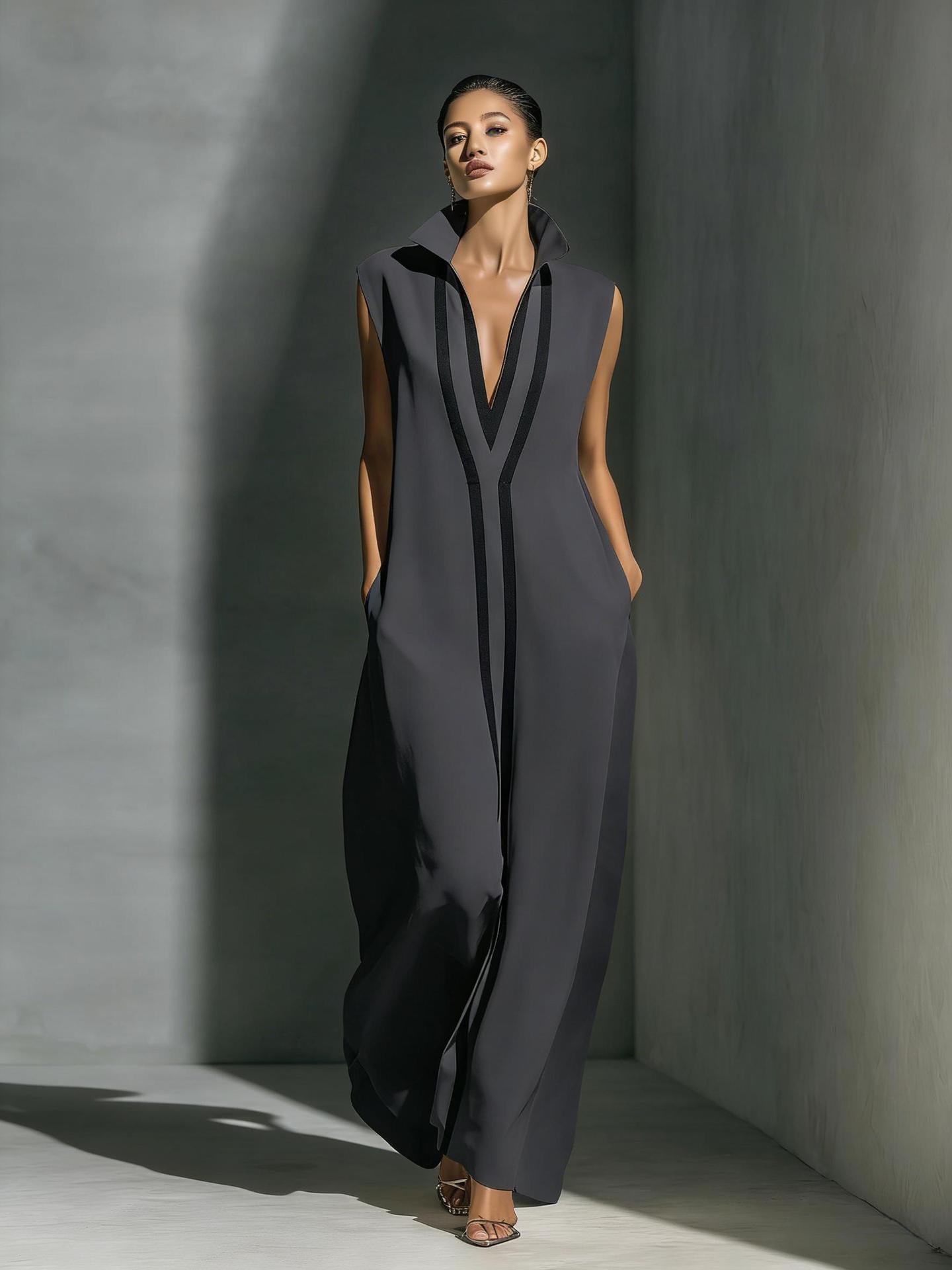 Womens V-Neck Sleeveless Cotton Linen Dress