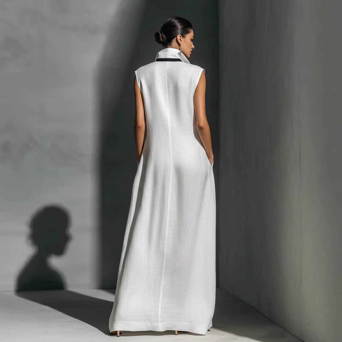 Womens V-Neck Sleeveless Cotton Linen Dress
