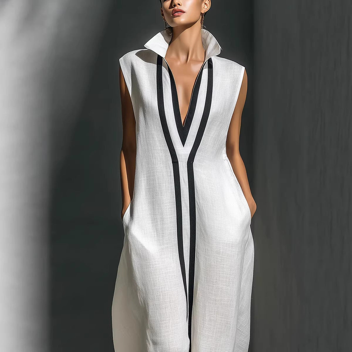 Womens V-Neck Sleeveless Cotton Linen Dress