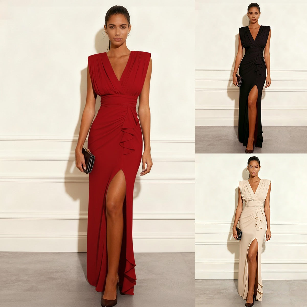Womens V-Neck Sleeveless Slit Dress