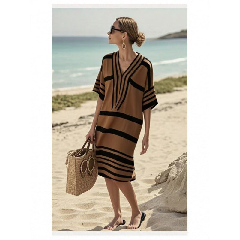Womens V-Neck Striped Dress Loose Beach Casual Summer Dress