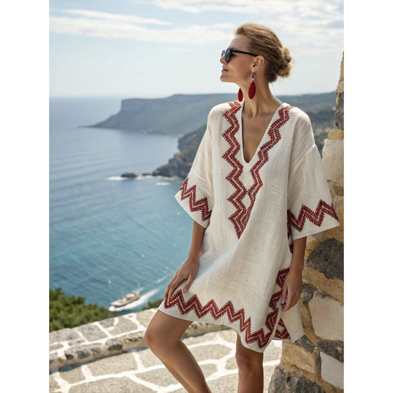 Womens V-Neck Striped Dress Loose Beach Casual Summer Dress