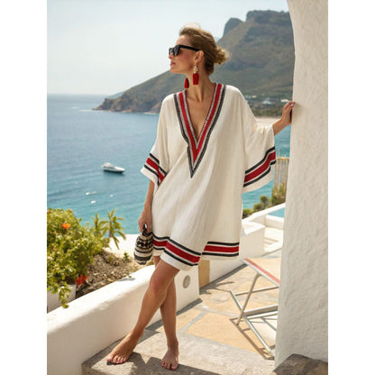 Womens V-Neck Striped Dress Loose Beach Casual Summer Dress