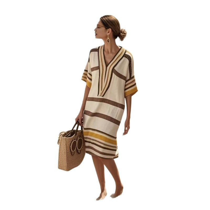 Womens V-Neck Striped Dress Loose Beach Casual Summer Dress