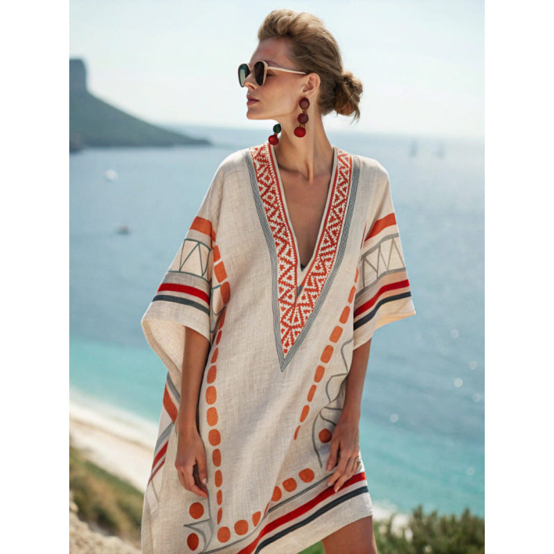 Womens V-Neck Striped Dress Loose Beach Casual Summer Dress