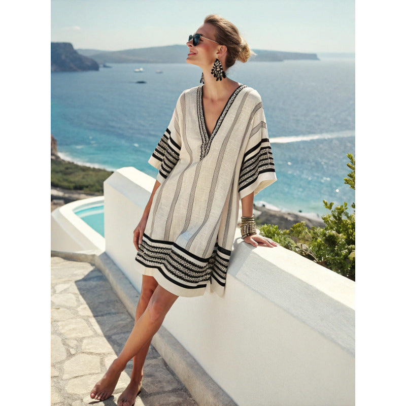 Womens V-Neck Striped Dress Loose Beach Casual Summer Dress