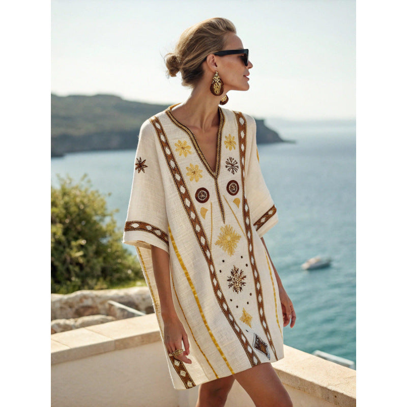 Womens V-Neck Striped Dress Loose Beach Casual Summer Dress