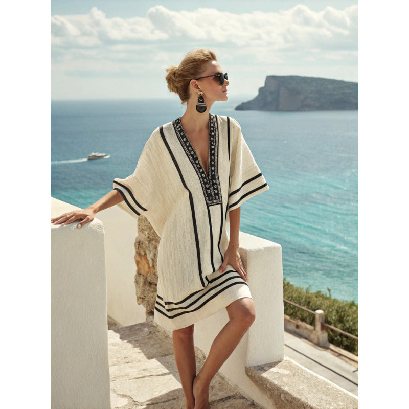Womens V-Neck Striped Dress Loose Beach Casual Summer Dress
