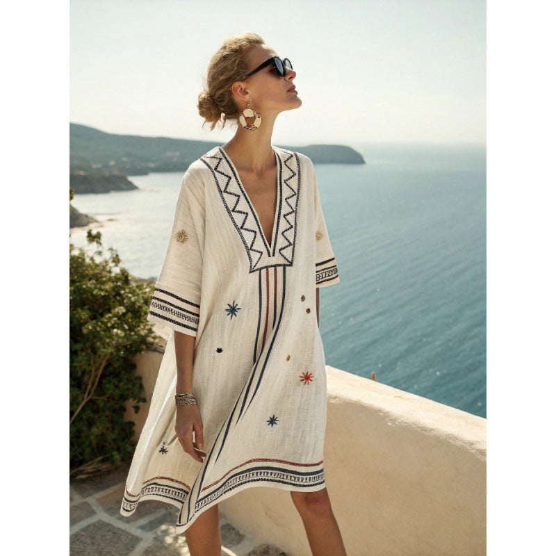 Womens V-Neck Striped Dress Loose Beach Casual Summer Dress