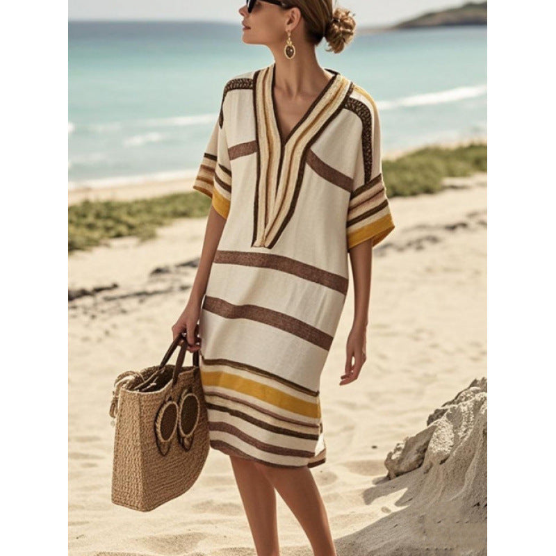 Womens V-Neck Striped Dress Loose Beach Casual Summer Dress