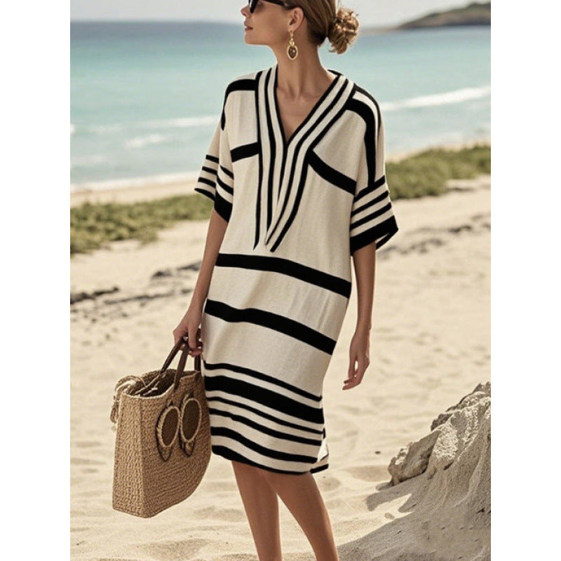 Womens V-Neck Striped Dress Loose Beach Casual Summer Dress