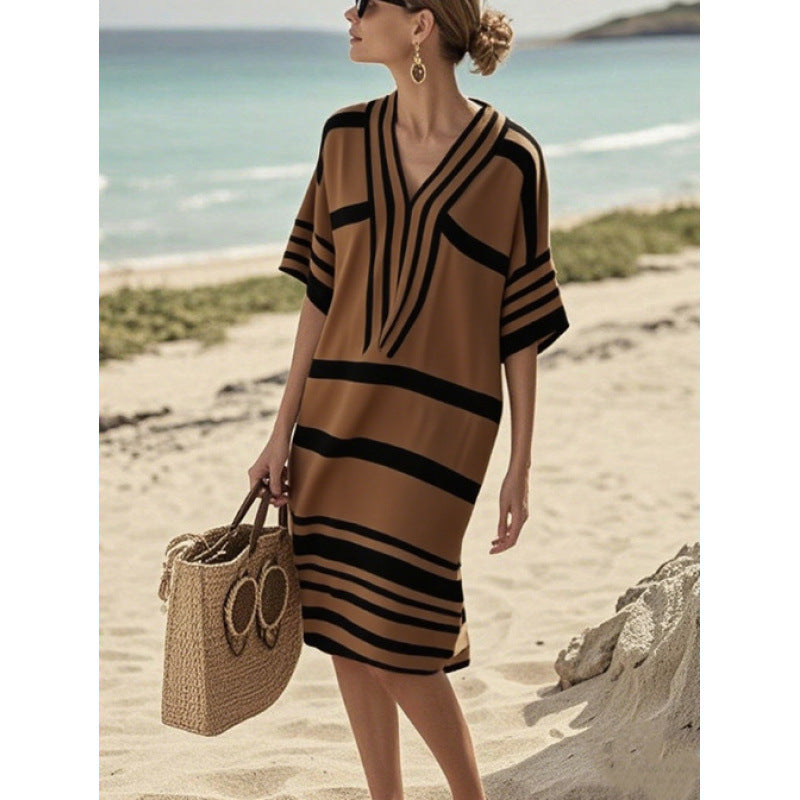 Womens V-Neck Striped Dress Loose Beach Casual Summer Dress