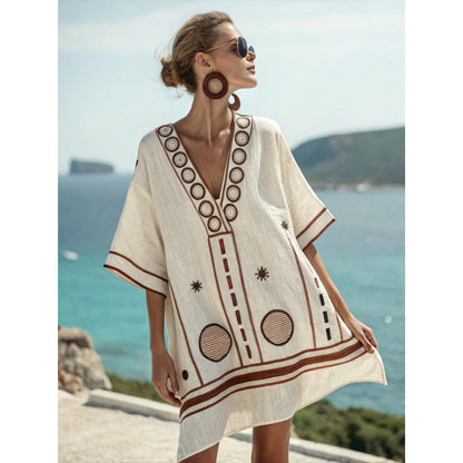 Womens V-Neck Striped Dress Loose Beach Casual Summer Dress