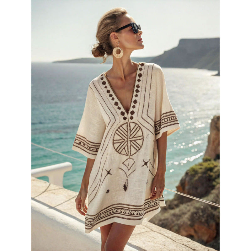 Womens V-Neck Striped Dress Loose Beach Casual Summer Dress