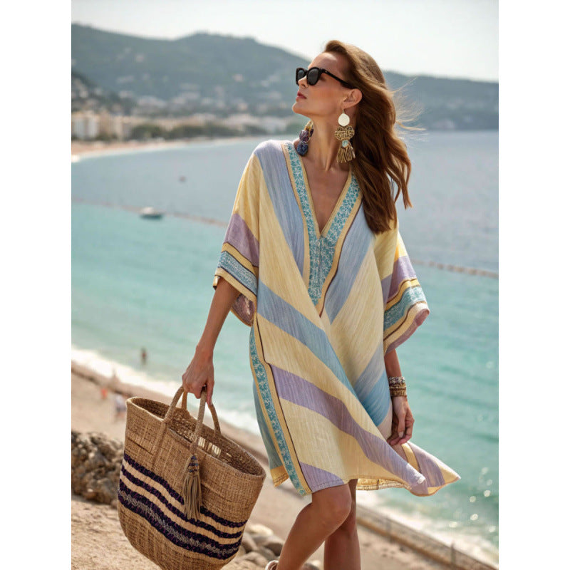 Womens V-Neck Striped Dress Loose Beach Casual Summer Dress
