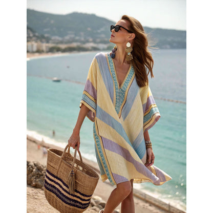 Womens V-Neck Striped Dress Loose Beach Casual Summer Dress