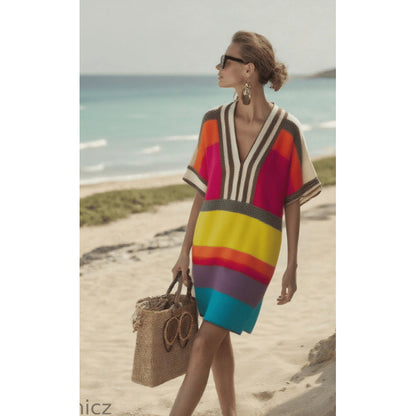 Womens V-Neck Striped Dress Loose Beach Casual Summer Dress