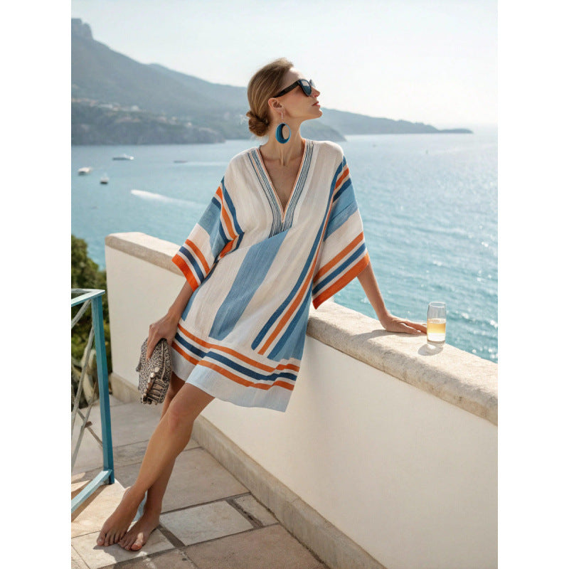 Womens V-Neck Striped Dress Loose Beach Casual Summer Dress