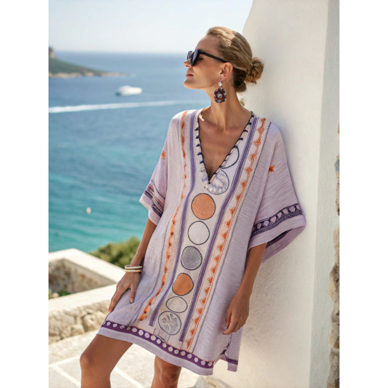 Womens V-Neck Striped Dress Loose Beach Casual Summer Dress