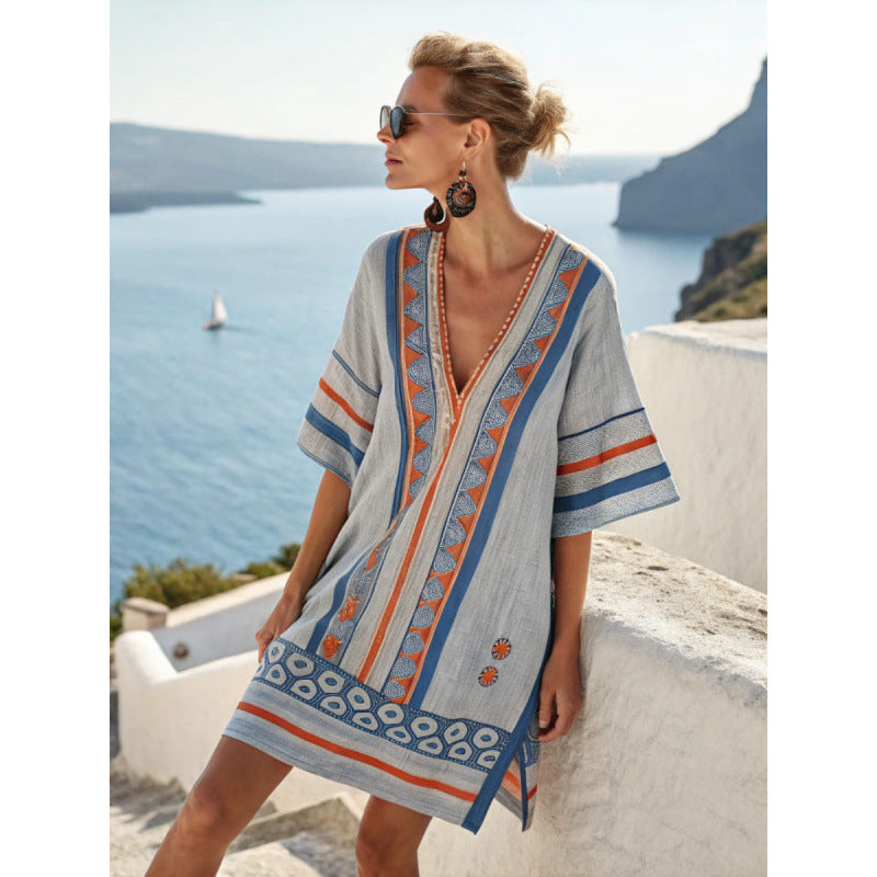 Womens V-Neck Striped Dress Loose Beach Casual Summer Dress