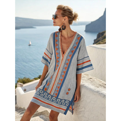 Womens V-Neck Striped Dress Loose Beach Casual Summer Dress