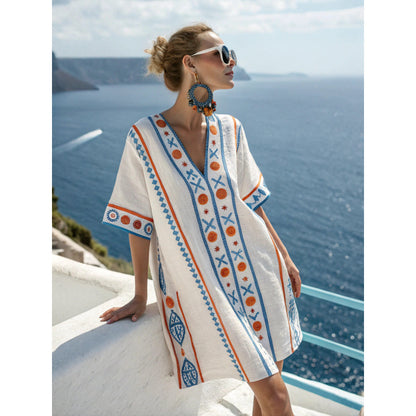 Womens V-Neck Striped Dress Loose Beach Casual Summer Dress