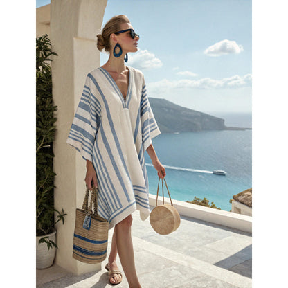Womens V-Neck Striped Dress Loose Beach Casual Summer Dress