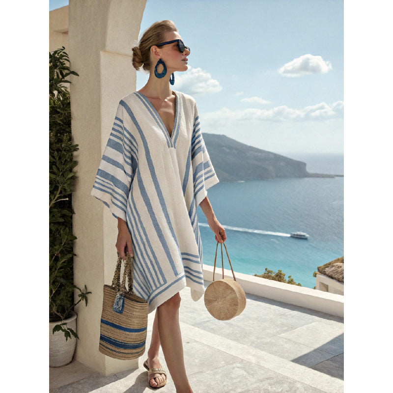 Womens V-Neck Striped Dress Loose Beach Casual Summer Dress