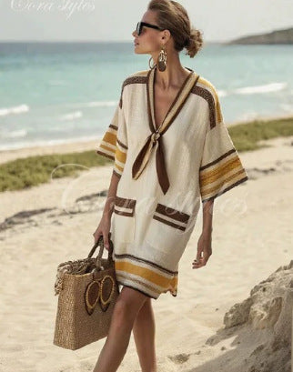 Womens V-Neck Striped Dress Loose Beach Casual Summer Dress