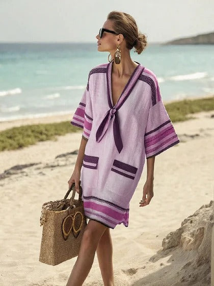 Womens V-Neck Striped Dress Loose Beach Casual Summer Dress