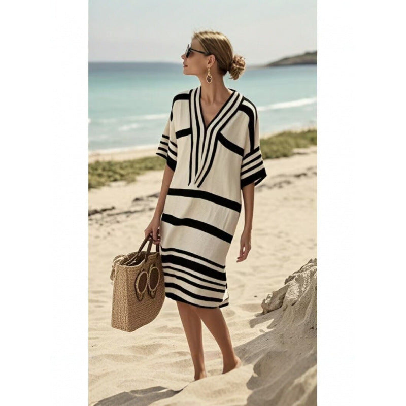Womens V-Neck Striped Dress Loose Beach Casual Summer Dress