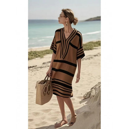 Womens V-Neck Striped Dress Loose Beach Casual Summer Dress