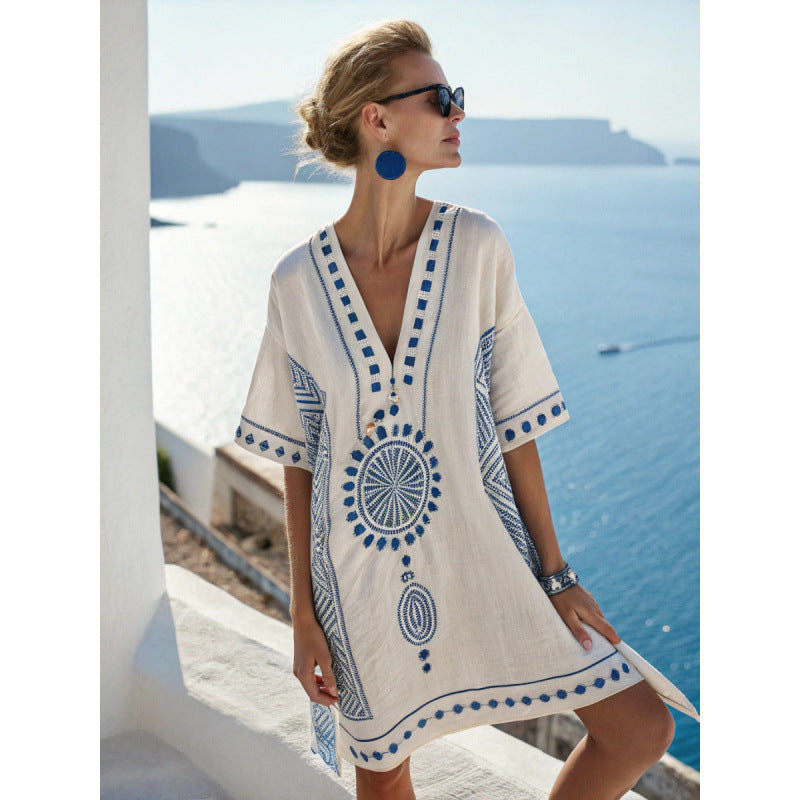 Womens V-Neck Striped Dress Loose Beach Casual Summer Dress