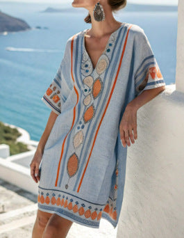 Womens V-Neck Striped Dress Loose Beach Casual Summer Dress
