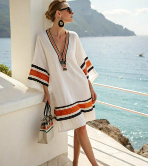 Womens V-Neck Striped Dress Loose Beach Casual Summer Dress