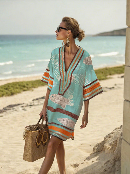 Womens V-Neck Striped Dress Loose Beach Casual Summer Dress