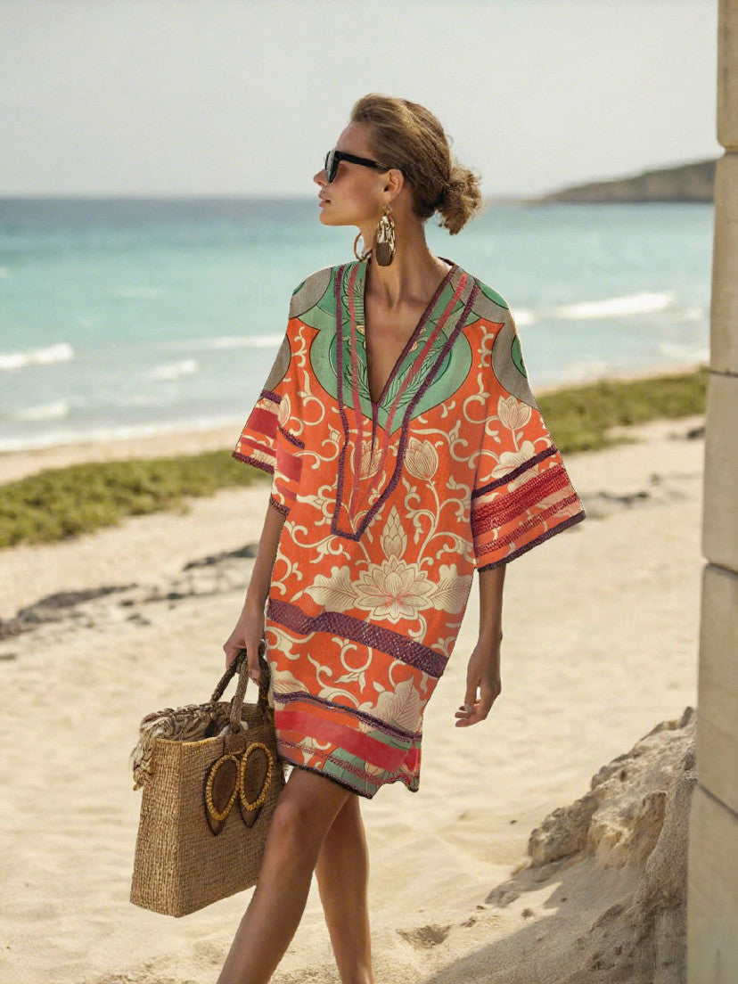 Womens V-Neck Striped Dress Loose Beach Casual Summer Dress