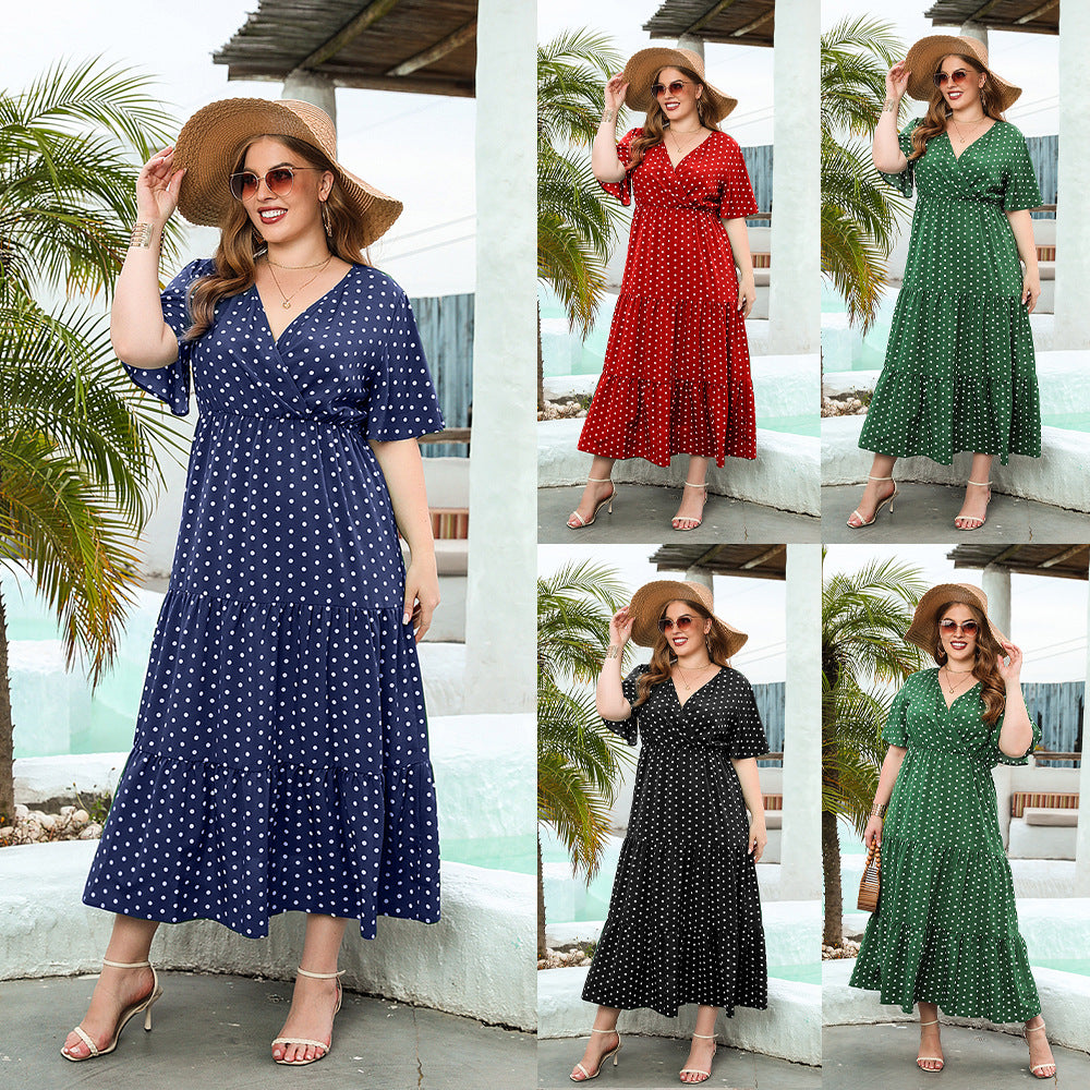 Womens V-Neck Wave Dot A-Line Dress