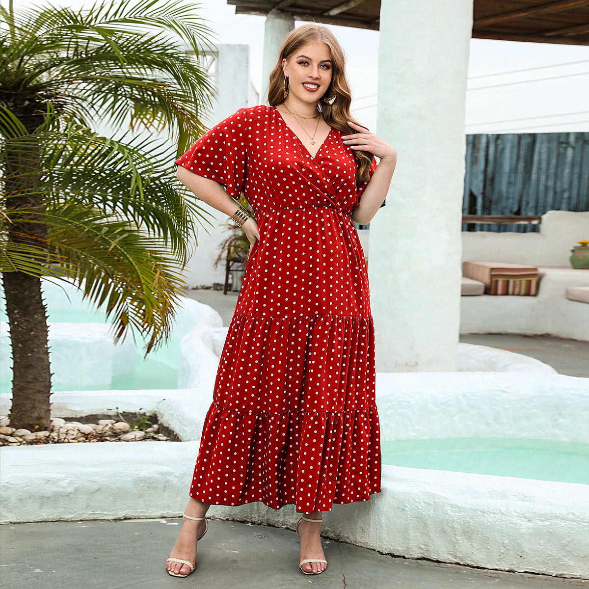 Womens V-Neck Wave Dot A-Line Dress