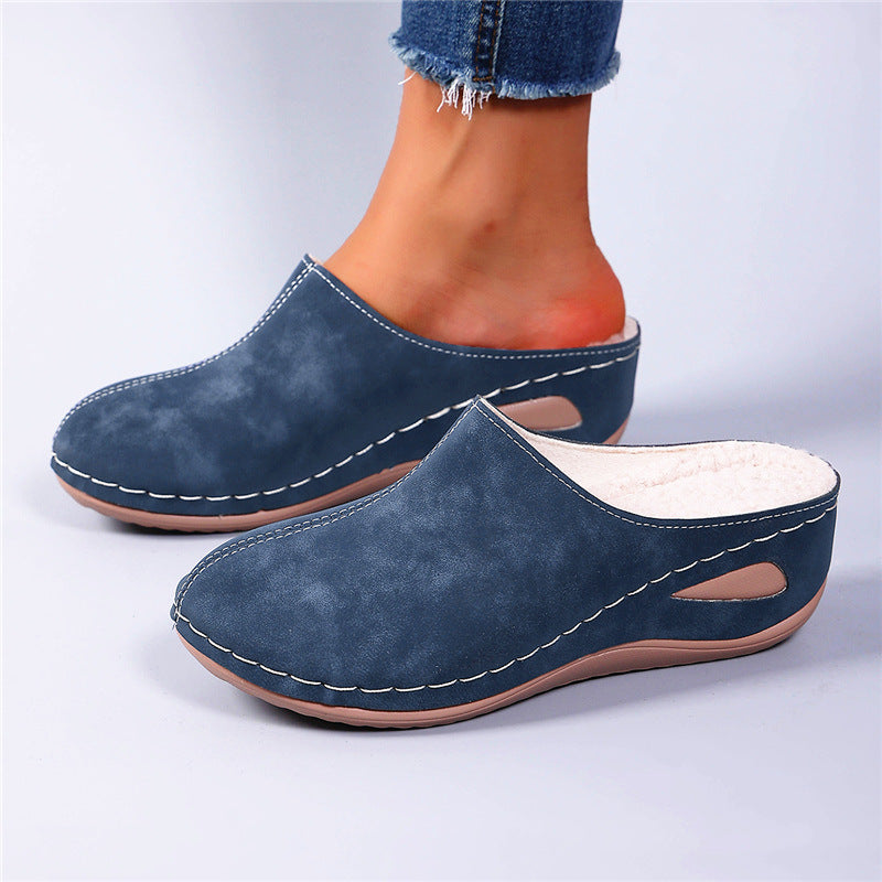 Womens Wedge Heel Velvet Slip-On Slippers