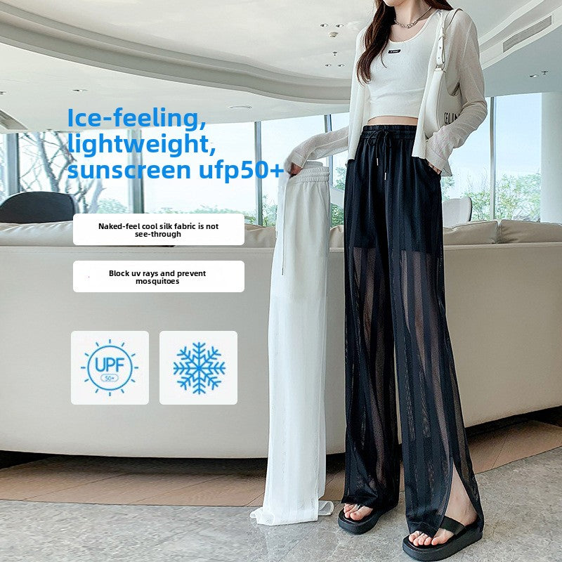 Womens Wide-Leg Ice Silk Mesh Pants with Hollow Design