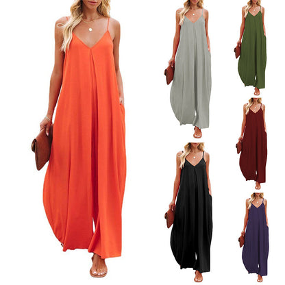 Womens Wide-Leg Suspender Jumpsuit
